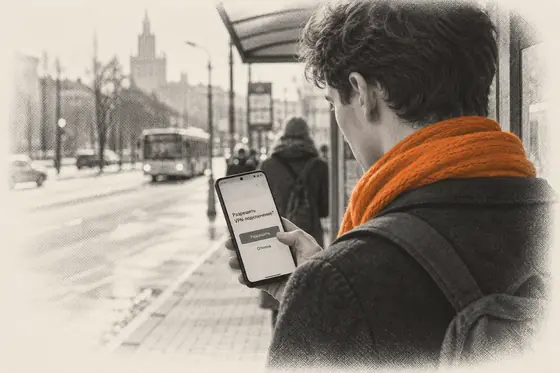 Парень на остановке смотрит на запрос подключения VPN в телефоне