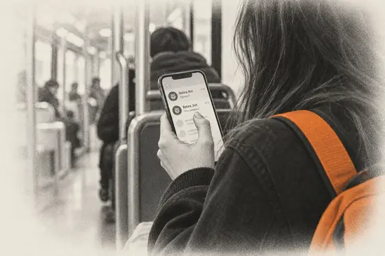Девушка в автобусе выбирает бота в списке чатов