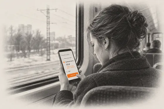 Девушка в электричке читает мелкий шрифт под ценой 10 ₽