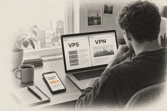 Парень сравнивает вкладки VPS и VPN в браузере